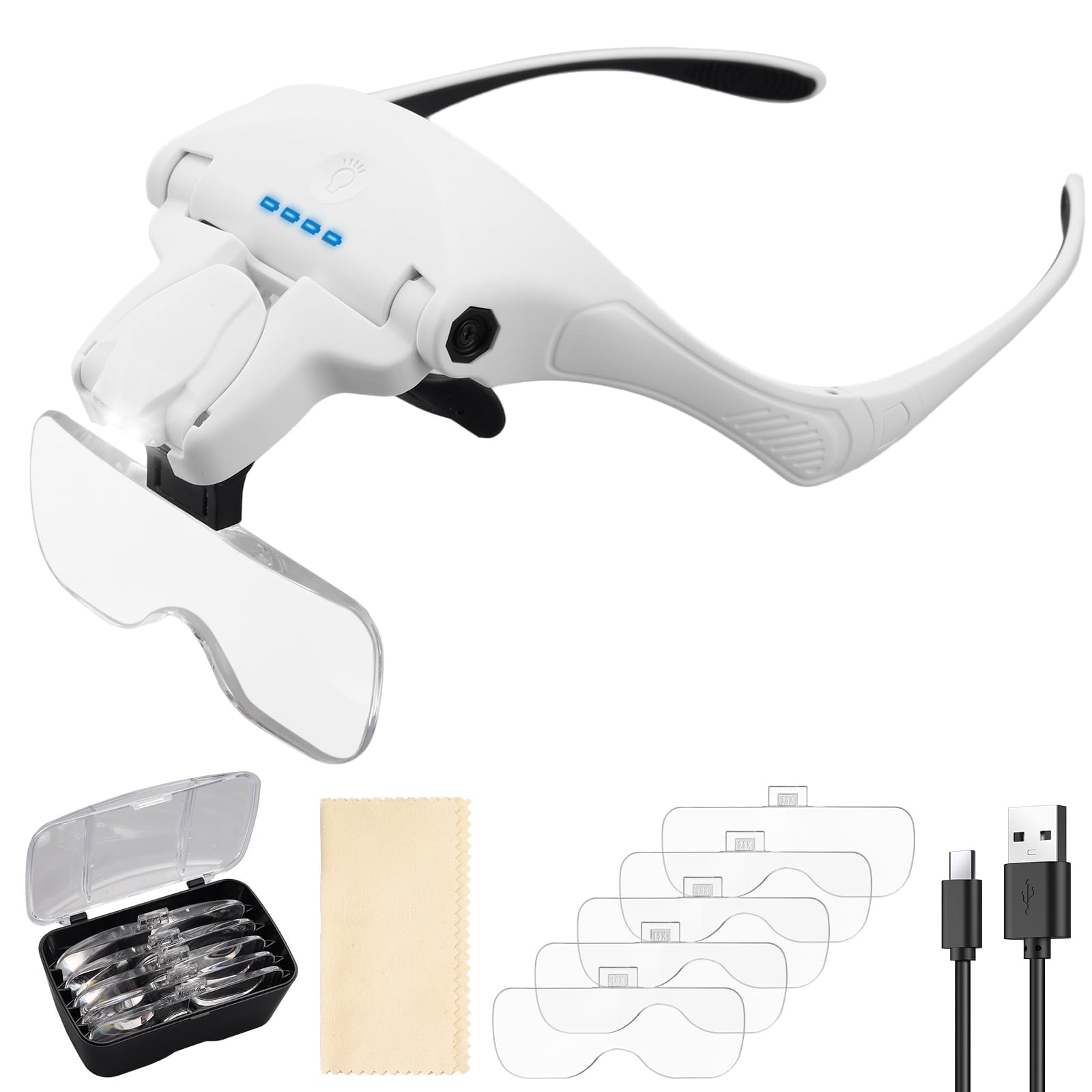 VINTEAM Headband Magnifier with 5 Lenses (1X-3.5X), Rechargeable Magnifying Glasses with Light, 3 Brightness Levels, Adjustable Angle, Magnifying Glasses for Crafts, Jewelry Repair, Reading