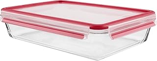 Emsa 513922 Frischhaltedose mit Deckel, Glas, Rechteckig, Volumen 3 Liter, Transparent/Rot, Clip & Close