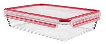 Emsa 513922 Frischhaltedose mit Deckel, Glas, Rechteckig, Volumen 3 Liter, Transparent/Rot, Clip & Close