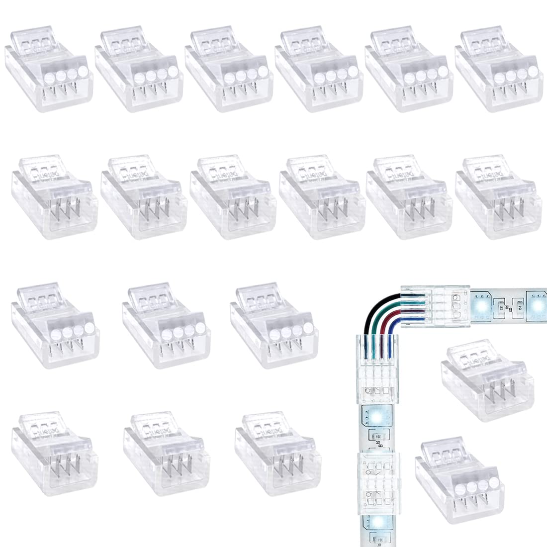 CKANDAY 20 Pack RGB LED Light Strip Connectors, 4 Pin 10mm, Transparent Solderless LED Pin Connector for Unwired Gapless Track Lighting, 5V 12V 24V SMD 5050