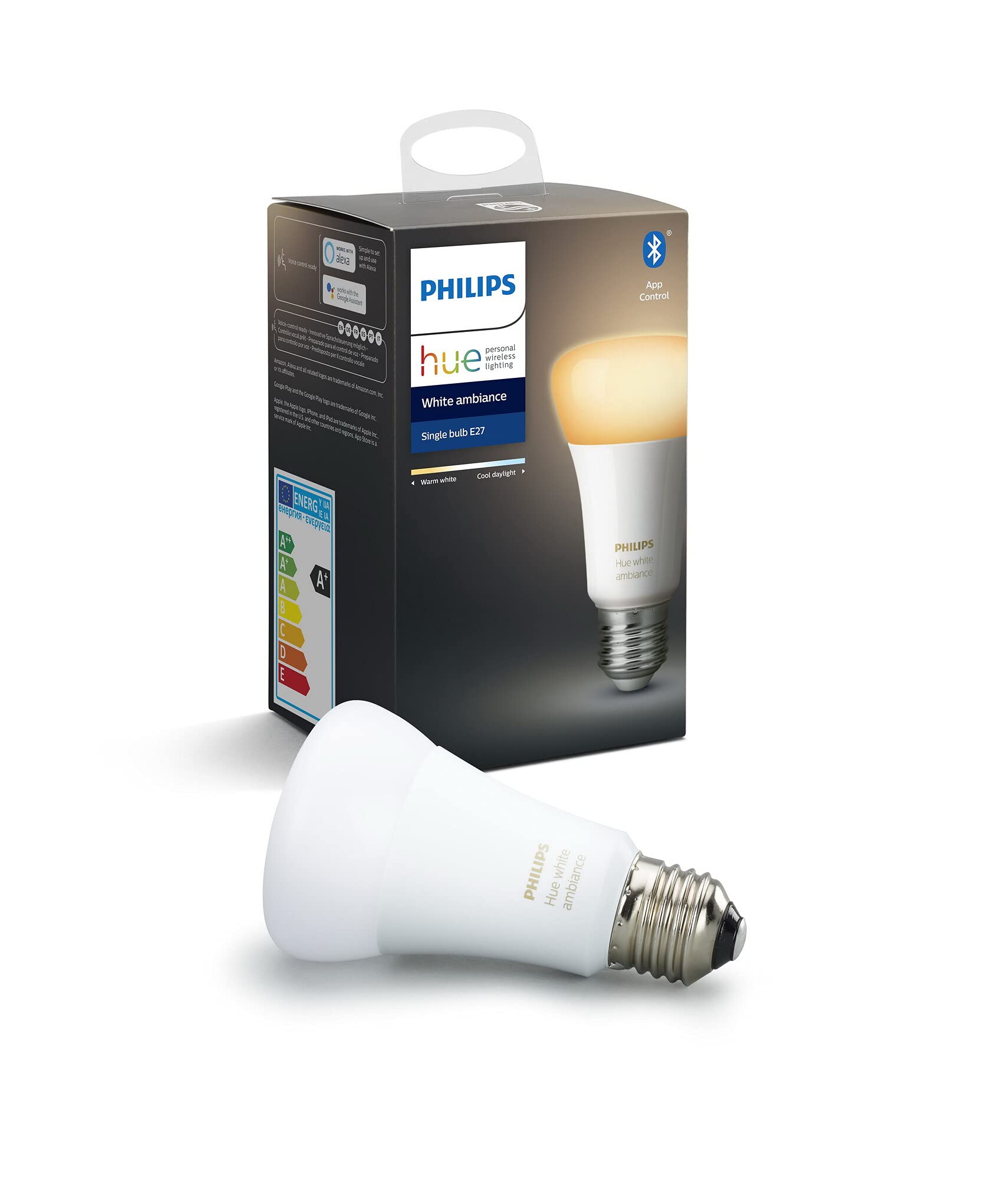 Philips Hue White Ambiance Single Smart Bulb LED [E27 Edison Screw] with Bluetooth, Works with Alexa and Google Assistant, A Certified for Humans Device