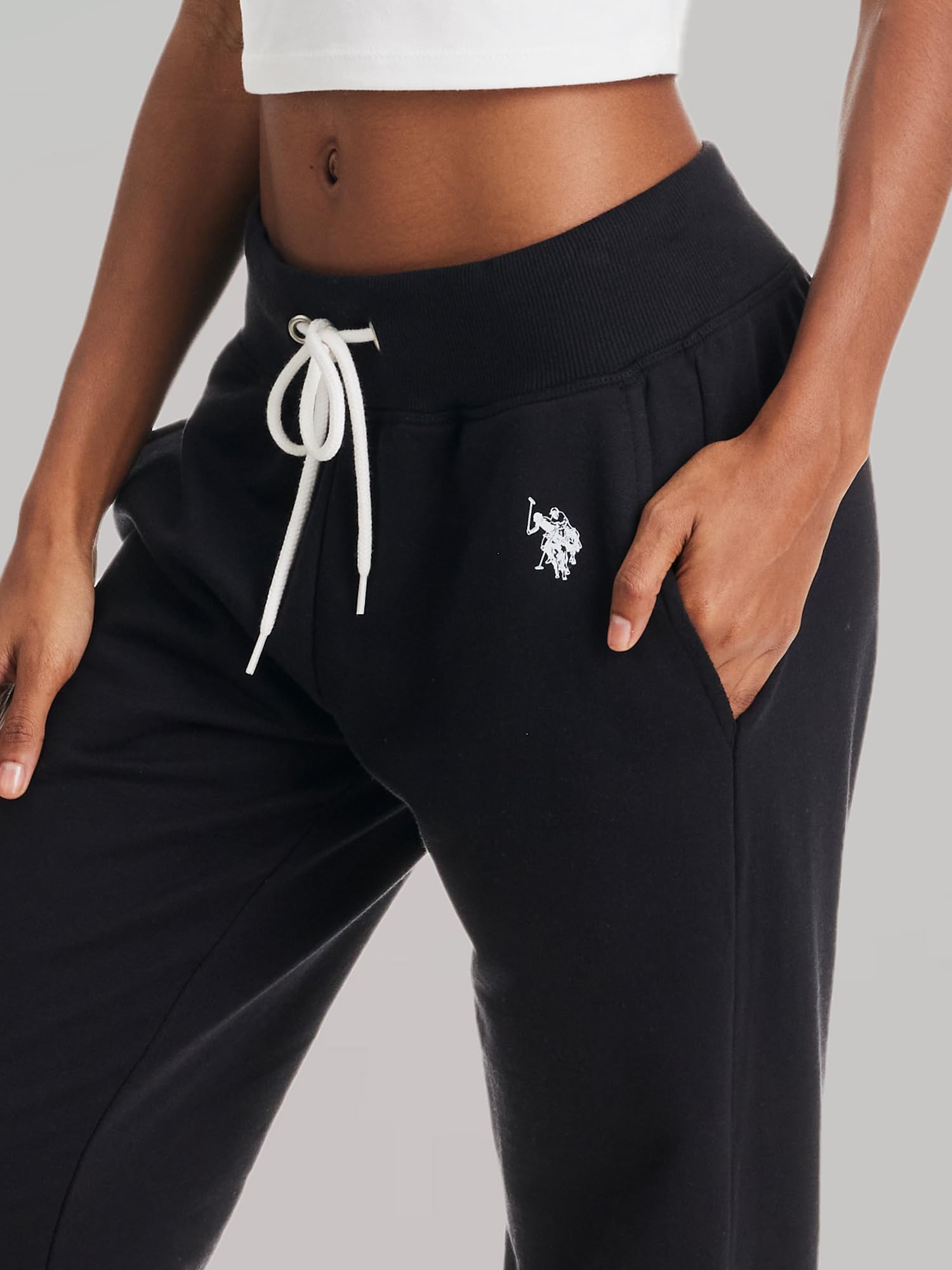 U.S. Polo Assn. Womens Sweatpants with Pockets, French Terry Black Lounge Pants, Black Joggers (Black, Large)