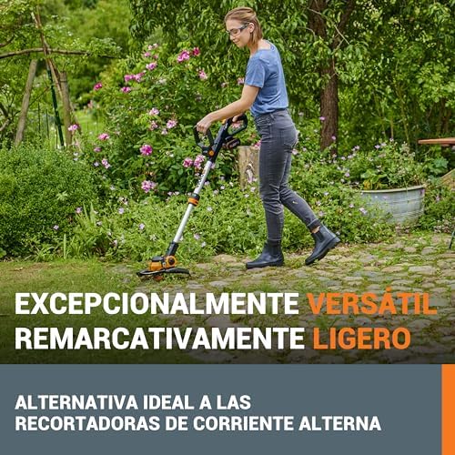 WG163E 2 em 1 Cortador de Escova e Aparador 2 em 1 Bateria 20V 2Ah, sistema automático de alimentação por comando, cabeça rotativa a 90°, para jardins médios