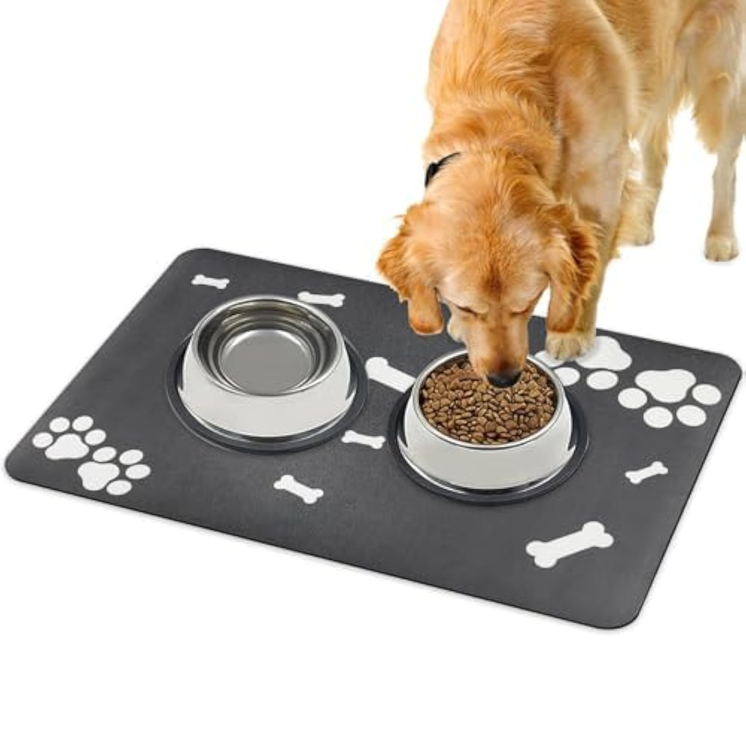 Pet Feeding Mat Absorbent Dog Mat: Bowl Mat Diatomaceous Earth Cat Bowl Mat Pet Diatomite Feeding Mat Non-slip Water Absorbent Eating Placemat for Small Animal, Dark Grey (Bone Pattern)