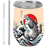 BQXH Funny Japanese Cat Wine Tumbler With Lid and Straw, 12 OZ Stainless Steel Tumbler, Cat Lover Gifts Insulated Coffee Cup, Travel Mug Weekend Gifts for Friendship Vacation Bachelorette Party