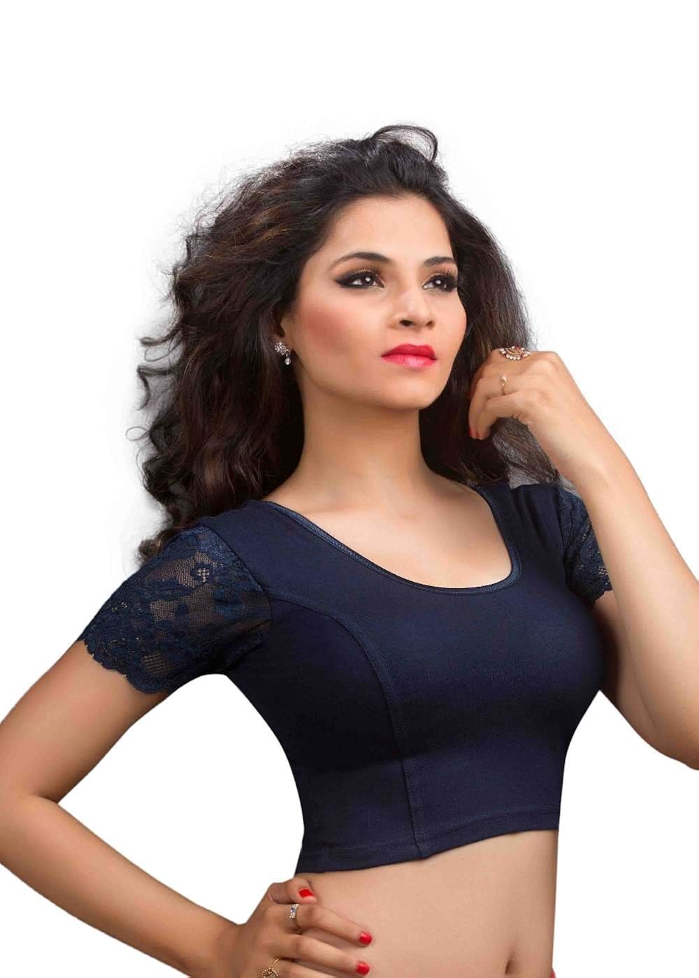 salwar studio women's navy blue cotton lycra readymade strechable saree blouse