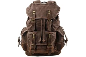 Mens Leather-Waxed Canvas Backpack Shoulder Rucksack, Vintage Mountaineering Travel Bag, Heavy Duty, Waterproof, Highly Spaci