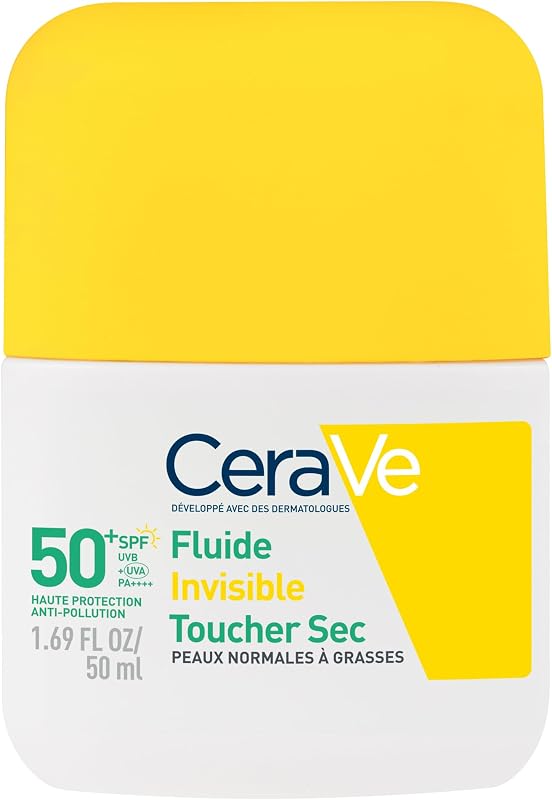 , Fluide Invisible Toucher Sec SPF 50+, Très Haute Protection Solaire Visage, Peaux Normales à Grasses, Matifiant 12H, Sans Traces Blanches, Base Maquillage, Niacinamide et Vitamine E