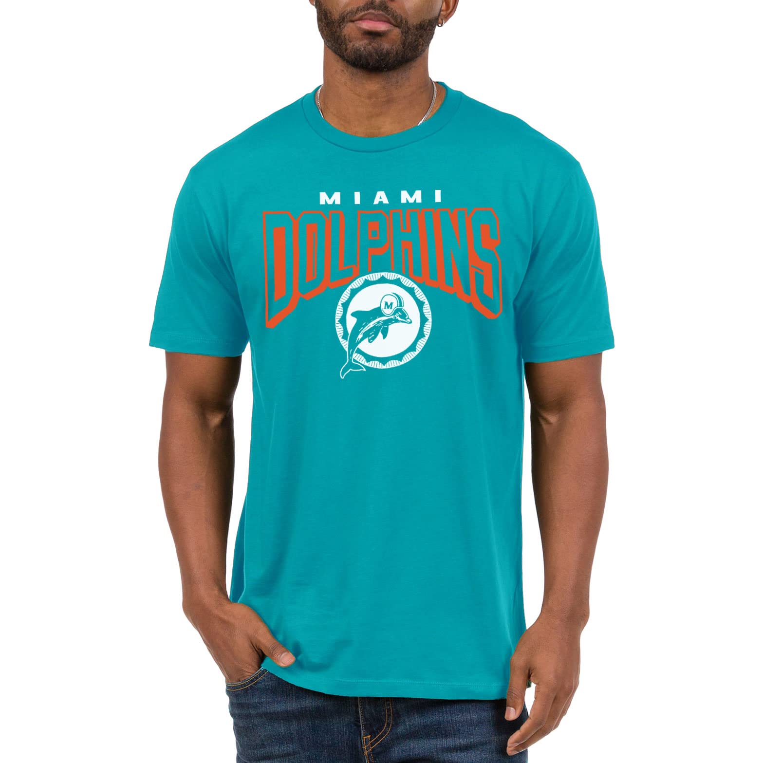 Photo 1 of Junk Food Standard Clothing x Bold Logo-Short Sleeve Fan Shirt for Men and Women Officially Licensed NFL Apparel, Miami Dolphins-Aqua