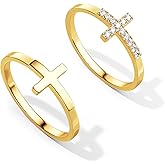 Foxgirl Cross Gold Rings for Women Non Tarnish, Dainty Trendy Stackable Ring Set 14k Gold Plated Thin Cz Cross Finger Rings for Women Non Tarnish Simple thumb Rings for Momen Gold Jewelry Size 5-10