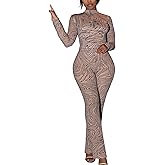 acelyn Women Sexy 2 Piece Sets Mesh Print Long Sleeve Crop Tops and Flare Pants Outfits Y2K Going Out Club Jumpsuit