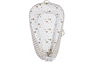 Aila+Aiden Baby Nest, Baby Lounger, Organic Cotton Lounger for Baby, Reversible Breathable Adjustable Portable - Star Collection (White/Tan)