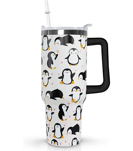 Shine Symbol 40 Oz Penguin Tumbler With Handle - Stainless Steel Insulated Travel Mug For Penguin Lovers