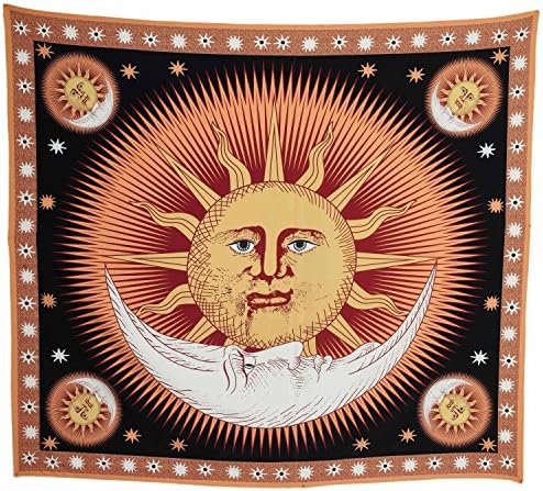 Lebather India Sun and Moon Print Vintage Rectangular Art Wall Tapestry for Bedroom Living Room Hanging Decor Gift,65'' x 57'',Brown
