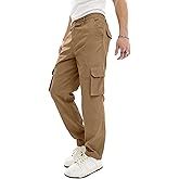 PLEPAN Mens Casual Straight Leg Stretch Cargo Pants Lightweight Relaxed Fit Drawstring Elastic Waist Pants with Multi Pockets