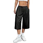 OYOANGLE Women's Pleated Bermuda Cropped Pants Low Waisted Loose Wide Leg Dressy Shorts with Pocket