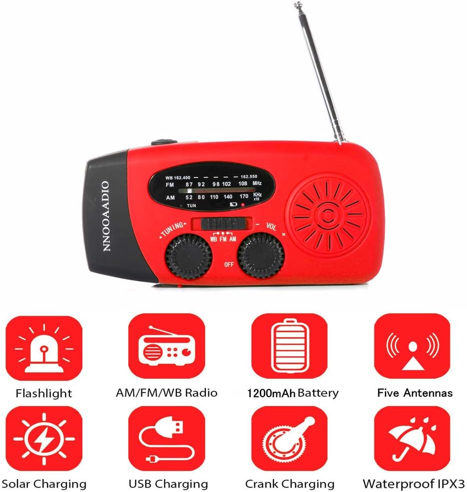 NNOOAADIO Emergency Weather Radio, Hand Crank Solar Battery Operated Survival NOAA AM FM Radio Portable with 3 LED Flashlight Kit, Built-in 1200mAh Power Bank & USB Charger: Home Audio & Theater