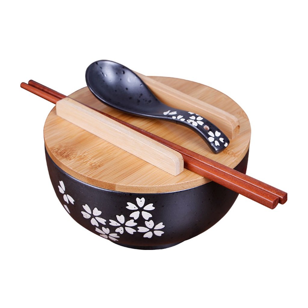 zaqiming Japanese Cuisine Tableware Korean Vintage Bowl Noodles Rice Bowl Japanese Style White Ceramic Instant Noodle Bowl Chopsticks with lid and Spoon Kitchen Supplies