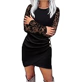 Lace Splicing Ruched Button Mini Dress Women Sexy Bodycon Wrap Party Evening Dress Button Long Sleeve Dresses