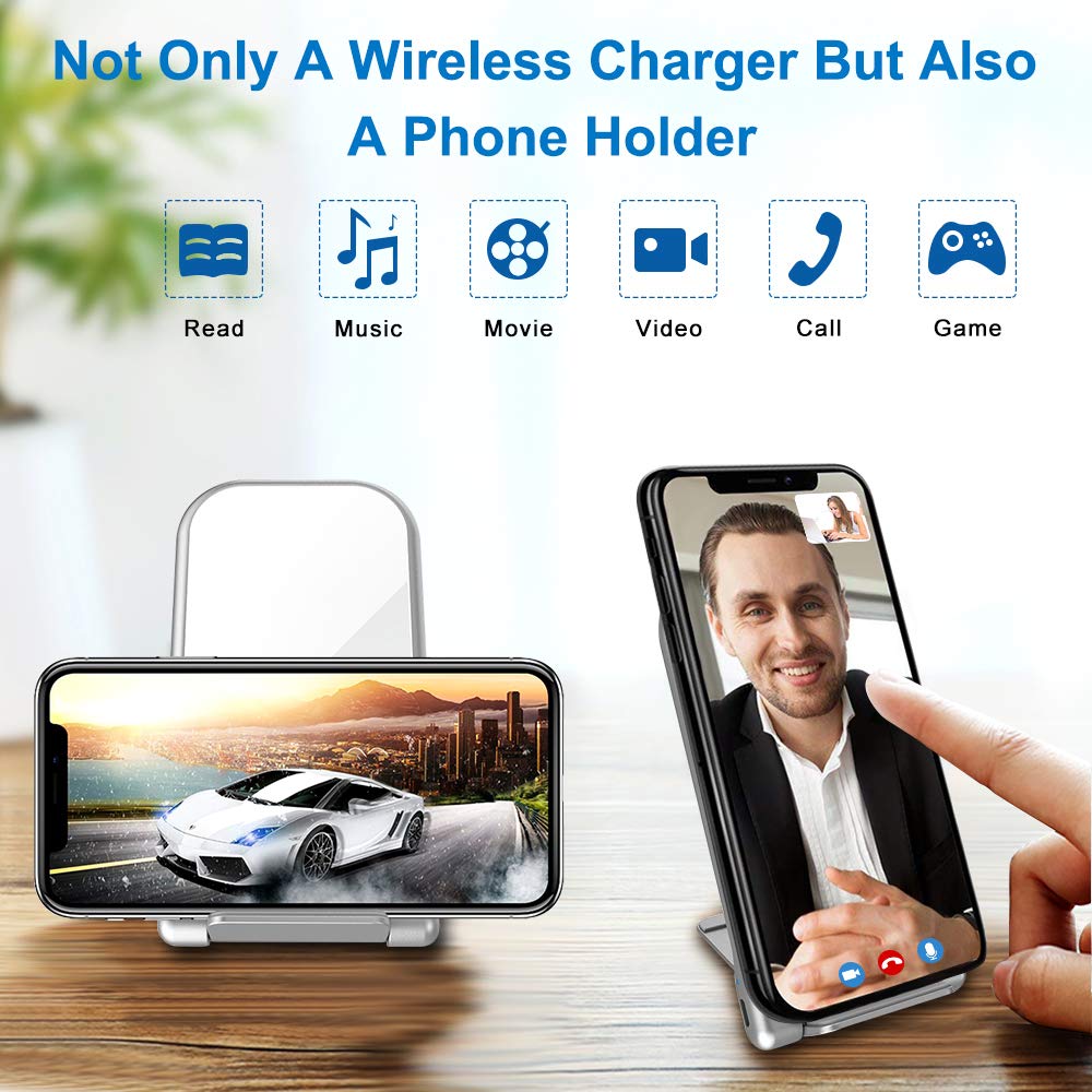 KZY Fast Wireless Charger Stand, QI Certified Wireless Charger Compatible for iPhone X/8/8+, Folding Wireless Stand Charger for Galaxy S9/S9+ S8/S8+ S7/S7 Edge, White (with QC 3.0 AC Adapter)