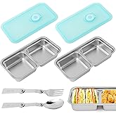 MAYIT 2 Pcs Grab and Go Snack Containers Stainless Steel Reusable Double Compartment Snack Container with Lids Spoon Fork For Travel and Outdoor Camping
