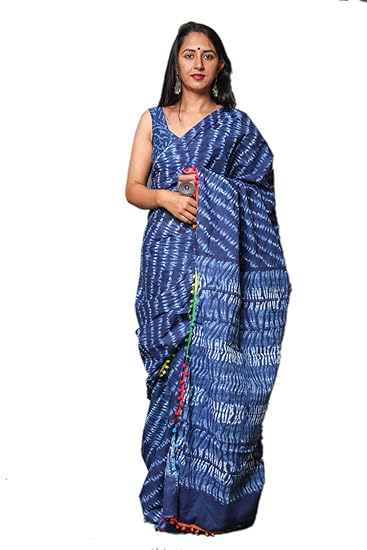 Womens Jaipuri Print Hand Block Cotton Mulmul Saree with Blouse (CT-MUL-PCN-123, Blue)