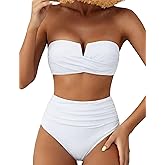 Hilor Bandeau Two Piece Bathing Suits for Women with Strap Retro High Waisted Swimsuits Sexy Push Up Bikini Swimwear