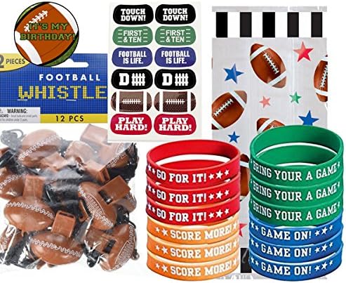 Football Party Favors for 12 - Football Wristbands, Football Whistles, Football Kids Face Tattoos and Football Birthday Sticker