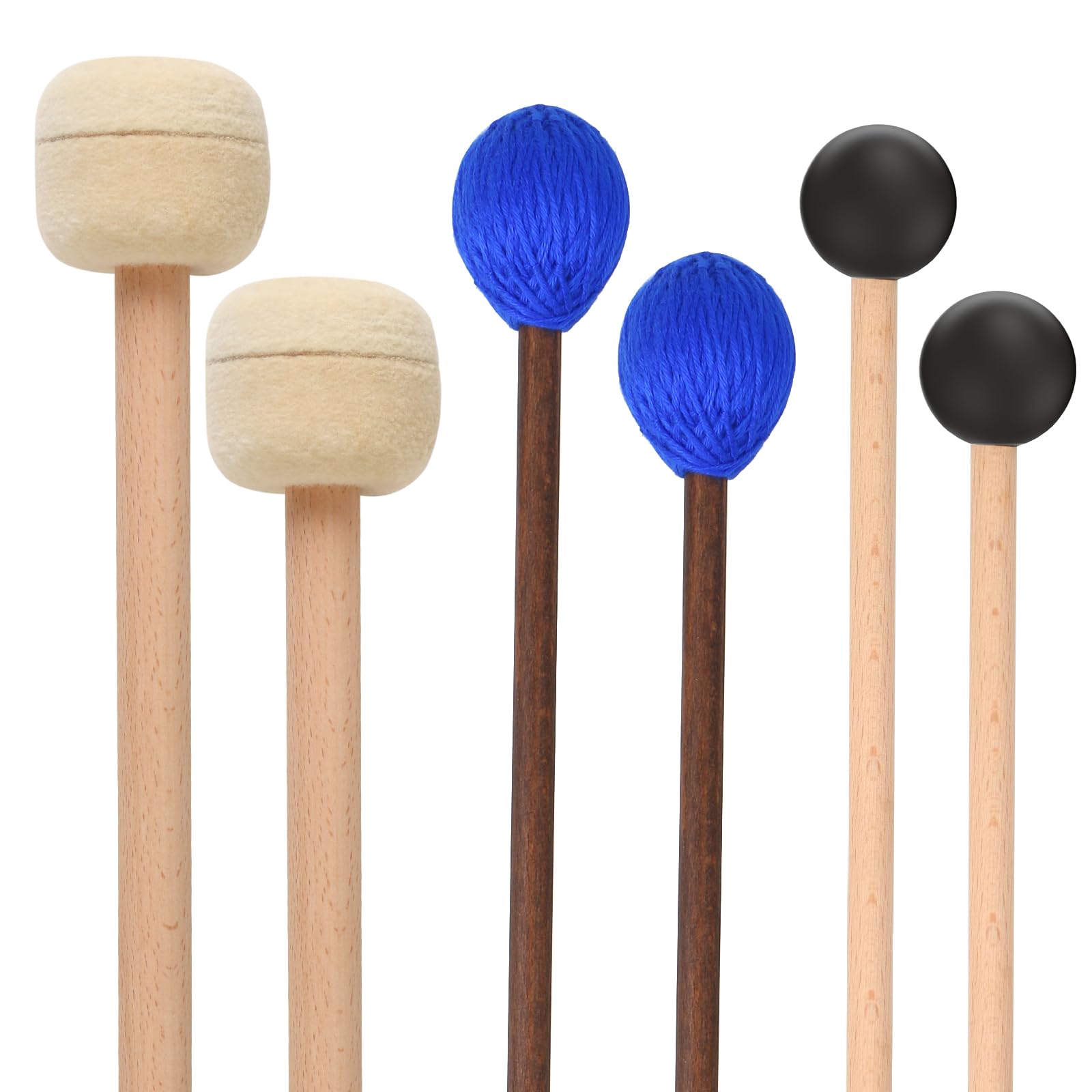 Photo 1 of 3 Pairs Blue Hard Yarn Head Keyboard Marimba Mallets,Black Rubber Bell Mallets,Felt Head Timpani Mallet,Bass Drum Stick Glockenspiel Sticks Xylophone Mallet with Wood Handles for Percussion Instrument