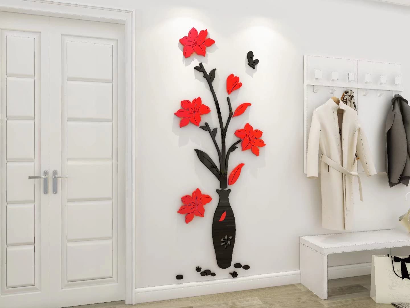 3D Flowers Wall Stickers Vase Mirror Wall Murals DIY Art Home Decor Decal Wallpaper for Living Room Bedroom TV Background Romantic Decoration Sticker