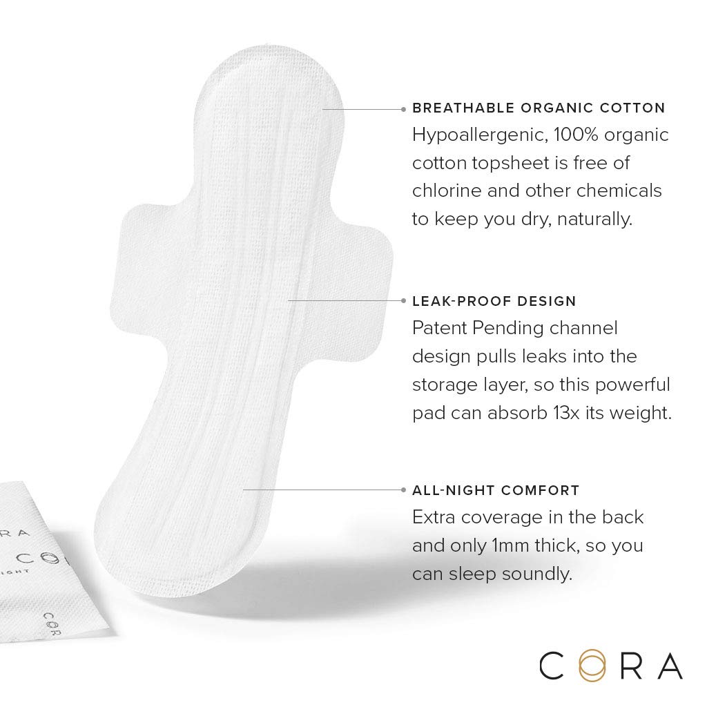 New Cora Ultra Thin Organic Cotton Period Pads, Overnight Absorbency