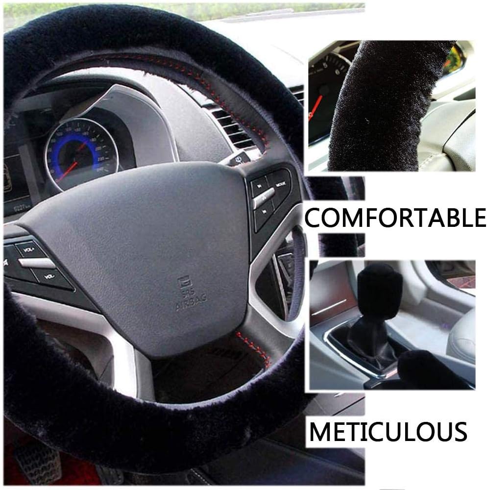 Fluffy Steering Wheel Cover Set,3 Pcs 1 Set Winter Warm fuzzy Steering Wheel Cover Handbrake Cover Gear Shift Cover Universal Plush Non-Slip Interior Accessories for Car,Truck,SUV - Image 4