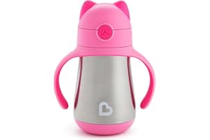 Munchkin Cool Cat Sippy Cup for Toddlers, Stainless Steel Straw Cup, 8 Ounce, Pink
