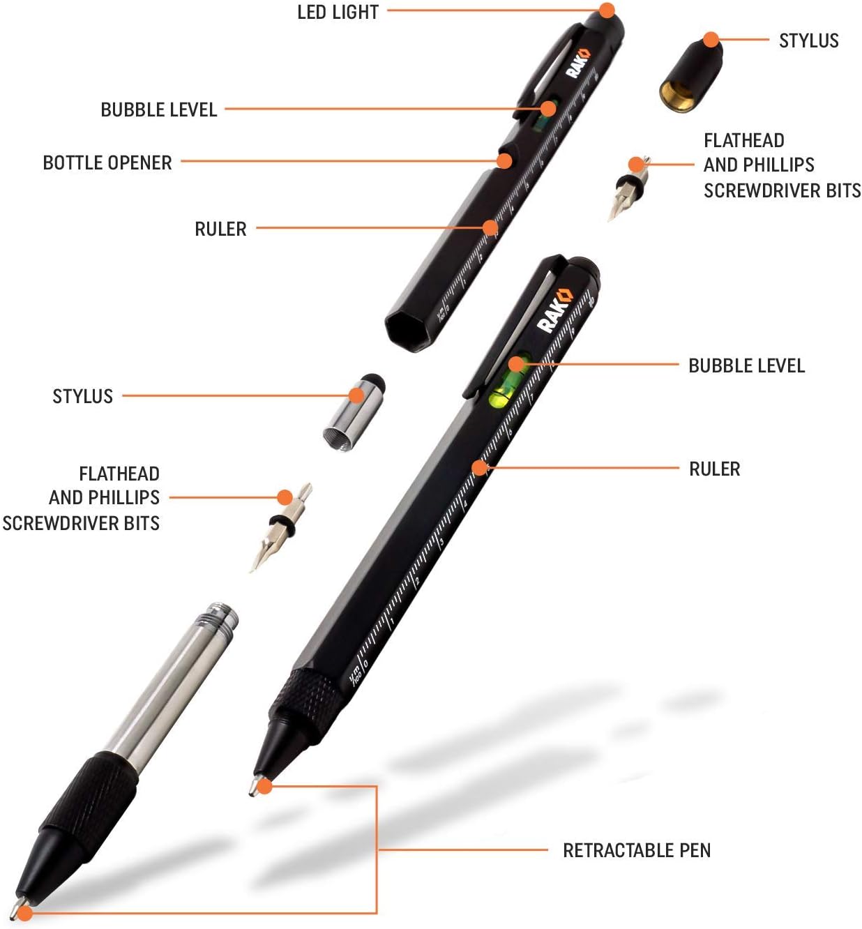 RAK Multi-Tool 2Pc Pen Set - LED Light, Touchscreen Stylus, Ruler, Level, Bottle Opener, Phillips Screwdriver, Flathead, and Ballpoint Pen - - 