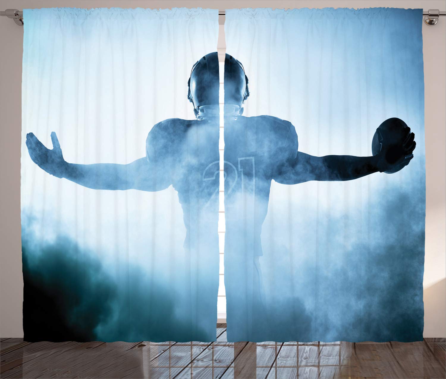 ABAKUHAUS Sport Curtains, Heroic Shaped Rugby Player Silhouette Shadow Standing in Fog Playground Global Sports Photo, Living Room Bedroom Window Drapes 2 Panel Set, 280 x 225 cm, Blue Multicolored