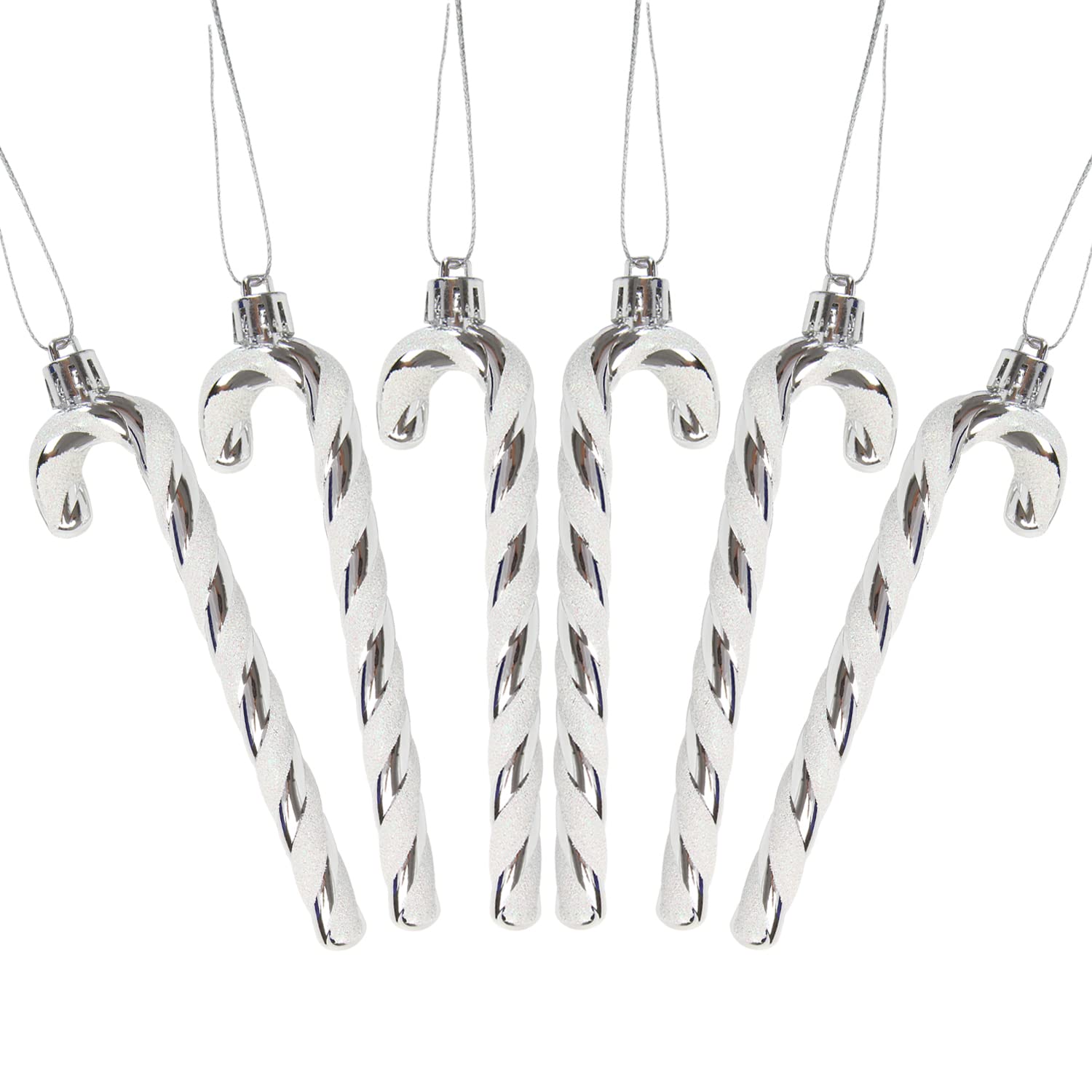 DERAYEE 6 PCS Christmas Glitter Candy Cane Plastic Candy Cane Christmas Tree Decorations for Xmas New Year Party Supplies (Sliver&White)