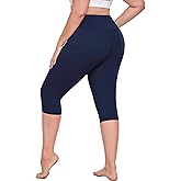 MEJING Plus Size Leggings with Pockets Knee Length, L-5XL Capri Yoga Pants High Waisted, Tummy Control Workout Leggings