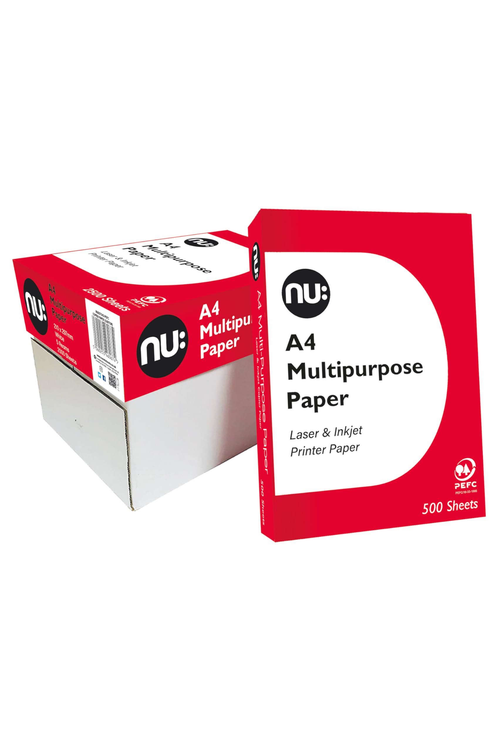 nu: A4 Multi-Purpose Printer Paper, White, 500 Sheets, Smooth Surface, Suitable for Inkjet, Laser & Copier Use, Ideal for Home & Office, 5 Reams