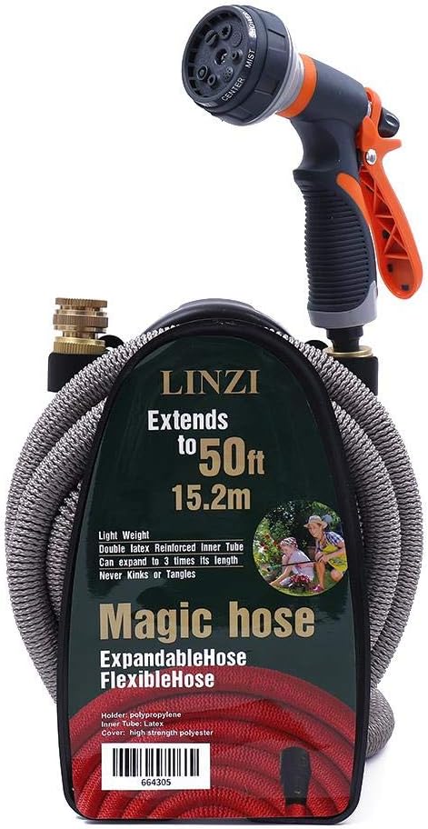 LINZI Expandable Garden Water Hose, 15M/50FT, Magic Hose, Double Latex Inner, No Kink, Brass Connectors, 8 Function Spray Gun
