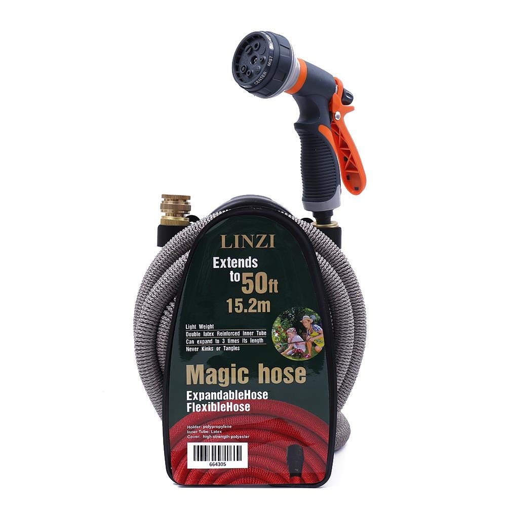 LINZI Expandable Garden Water Hose, 15M/50FT, Magic Hose, Double Latex Inner, No Kink, Brass Connectors, 8 Function Spray Gun, Hose Holder, Black, Brass, 1 Pack, Hardware
