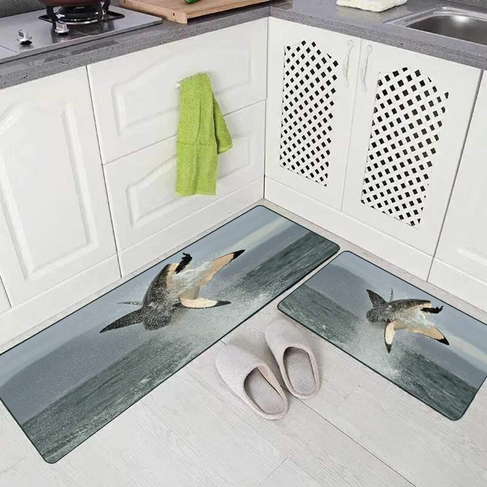 Musesh 2 Pieces Kitchen Rugs and Mats Non Skid Washable Great White Shark in Attack Hunting of South Africa Carcharias Kitchen Rug Set 17"X48"+17"X24" Kitchen Carpets and Rugs Modern Kitchen Rug