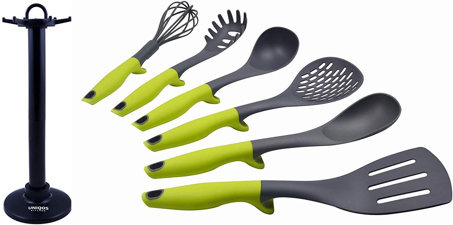 Kitchen 7 Piece Premium Quality Nonstick Cooking Utensil Set including Spoon, Soup Ladle, Slotted Turner, Skimmer, Whisk, Spaghetti Server, and Rotating Holder Organizer Stand