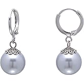 12 MM Shell Pearls Vintage Dangle Hoops Leverback Earrings for Women