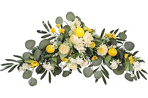 DUDNJC Artificial Flower Lemon Peony Swag, 27in Wedding Arch Flowers Swag Hanging Faux Greenery Foliage Vine Arch Swag, Spring Fruit Garland Daisy Wreath Centerpiece for Wall Home Decor