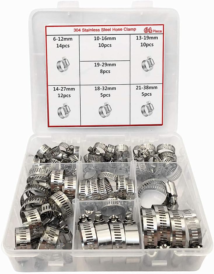Hose Clamp,64 Pcs All Stainless Steel Adjustable 6-38mm Range Worm Gear Hose Clamp,Fuel Line Clamp for Plumbing, Automotive and Mechanical Applications Assortment Kit (1)