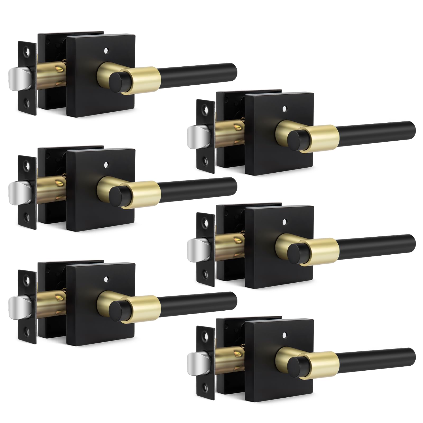 Photo 1 of goldenwarm 6 Pack Black and Gold Interior Door Handles, Heavy Duty Privacy Door Levers, Black and Gold Door Handles Interior for Bedroom and Bathroom(Square, Zinc Alloy)