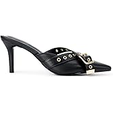 Gothictor Black Kitten Heels for Women Pointed Closed Toe Stiletto Heel Pumps Studded Buckle Straps Sexy Comfortable Dressy Bow Heel Slip on Mule Heels for Women