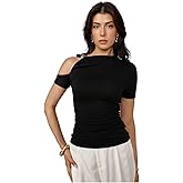 SOLY HUX Women's Cold Shoulder Ruched Tops Elegant Mock Neck Asymmetrical T Shirts Going Out Outfits