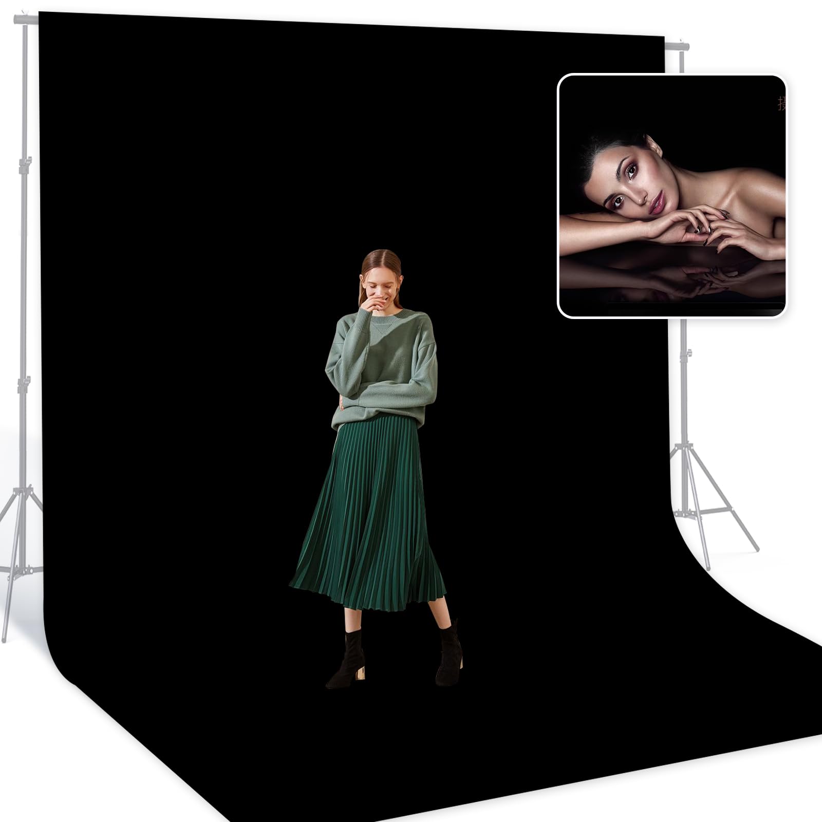 Photo 1 of BEIYANG Black 10 x 20 Ft Large Photography Backdrop Screen, Black Non-Reflective Fabric Wrinkle Resistance Photo Background for Photoshoot, Zoom Meeting, Game Live Steaming