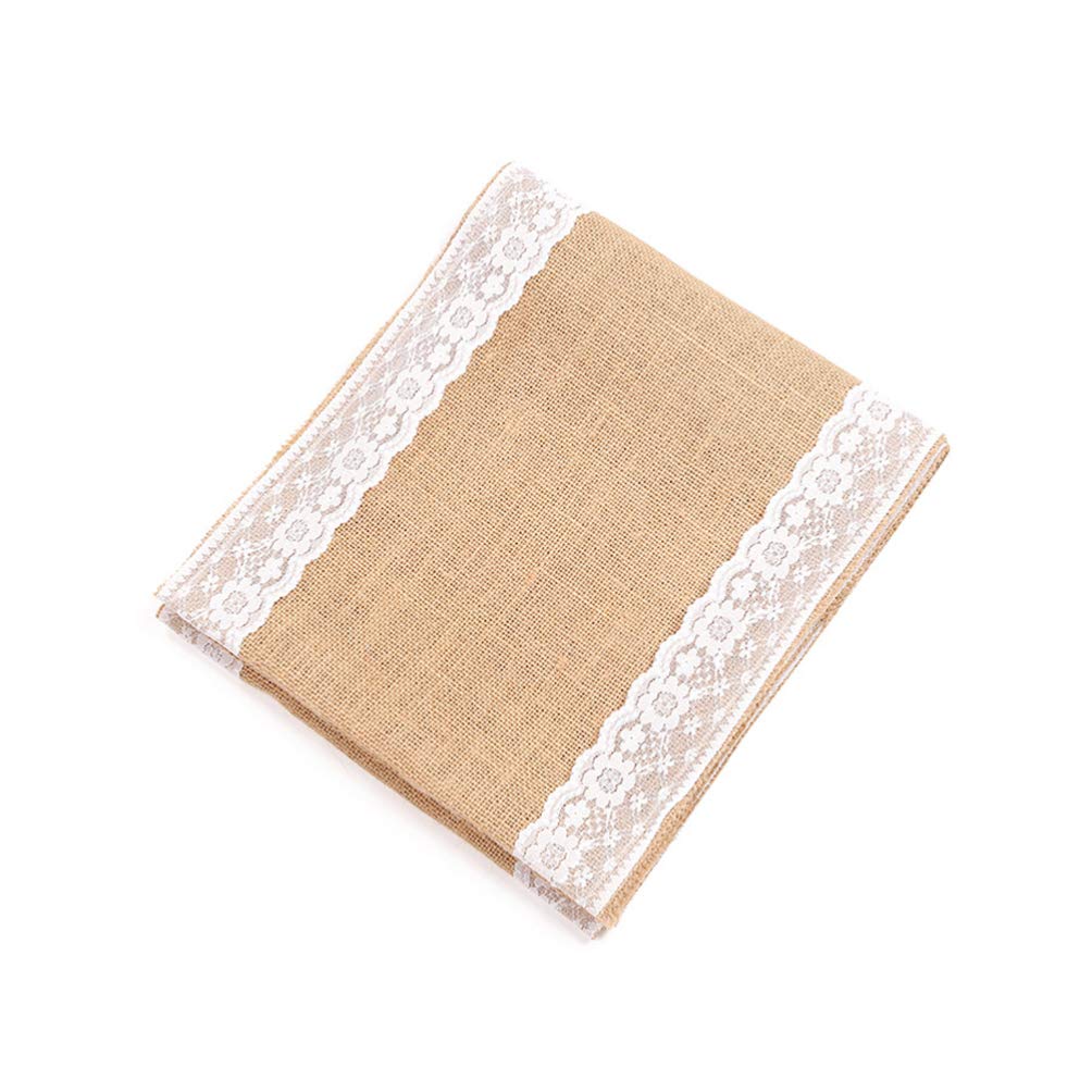 Amosfun Rustic Hessian Table Runner Lace Jute Table Cloth for Wedding Party Banquet Dinner, Jute, Image 1, 30 * 180
